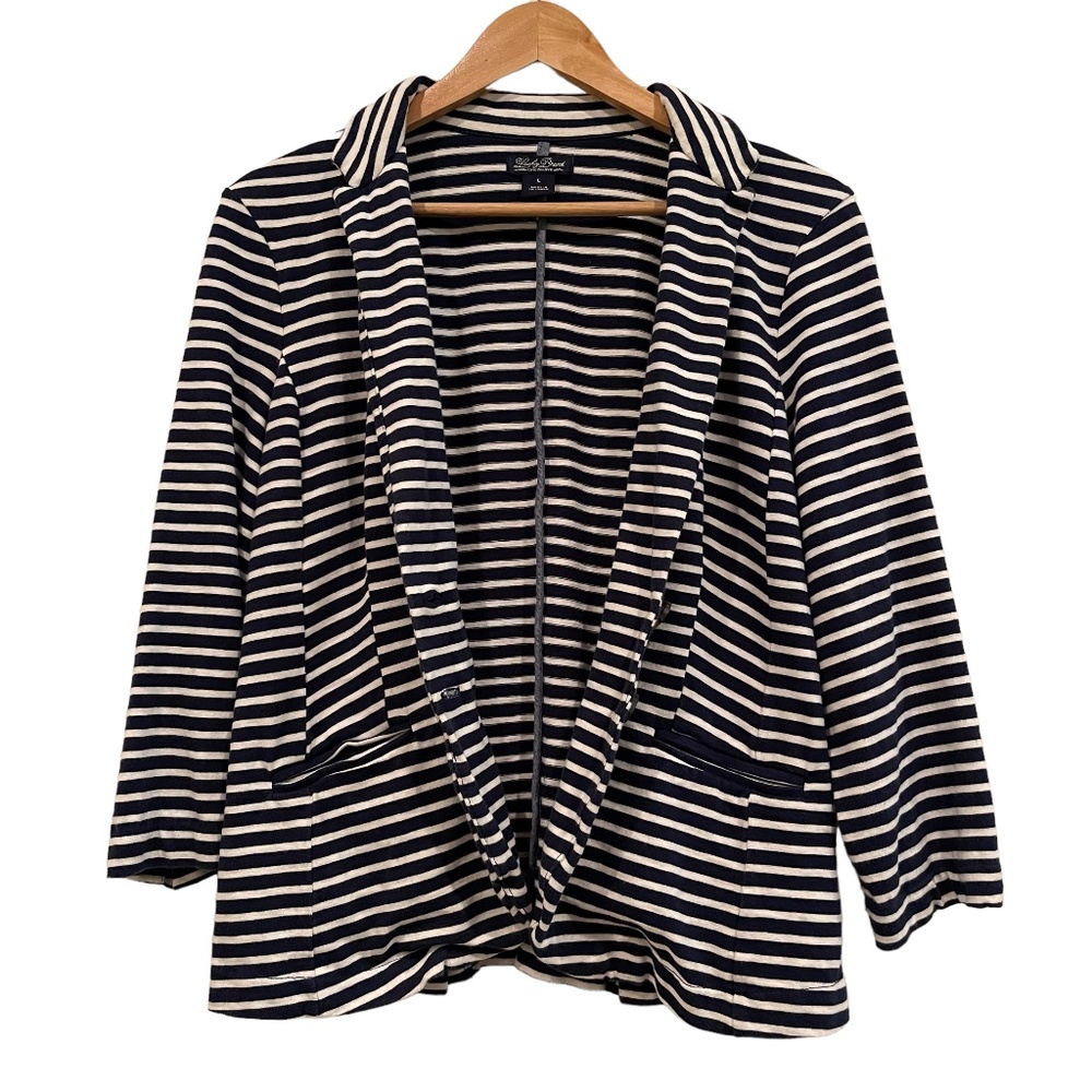 Lucky Brand Women 100% Cotton Blue White Striped Blazer Jacket, Size Large